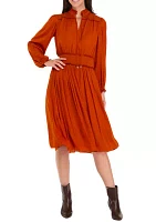 Women's Long Sleeve Split Neck Dress with Embroidered Smocking Detail