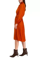 Women's Long Sleeve Split Neck Dress with Embroidered Smocking Detail