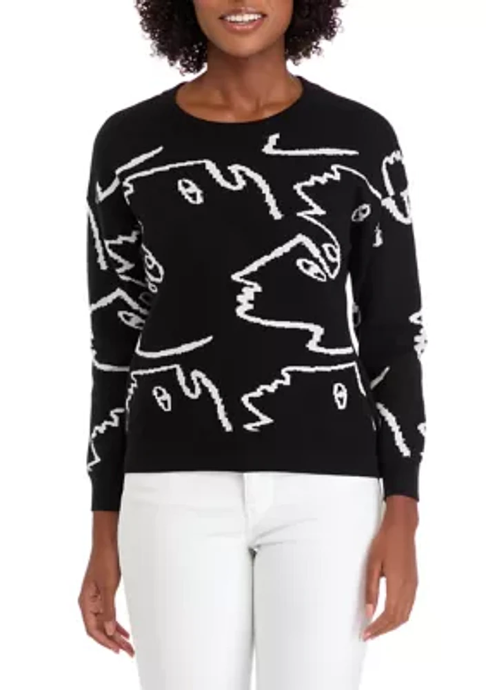 Women's Long Sleeve Crew Neck Face Pattern Pullover Sweater