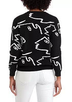 Women's Long Sleeve Crew Neck Face Pattern Pullover Sweater