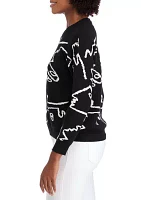 Women's Long Sleeve Crew Neck Face Pattern Pullover Sweater