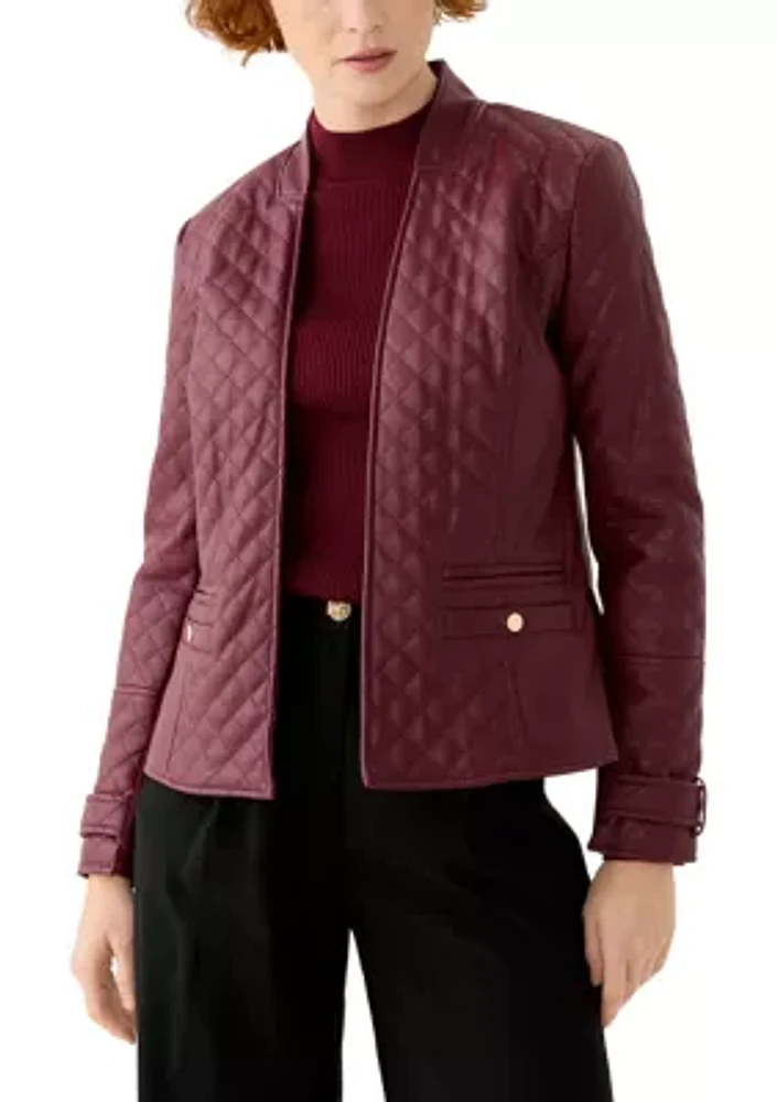 Women's Vegan Leather Long Sleeve Open Front Quilted Jacket