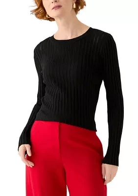 Women's Crew Neck Ribbed Pullover Sweater with Illusion Stripe Yoke