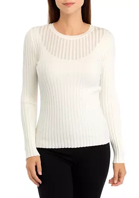 Women's Crew Neck Ribbed Pullover Sweater with Illusion Stripe Yoke