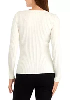 Women's Crew Neck Ribbed Pullover Sweater with Illusion Stripe Yoke