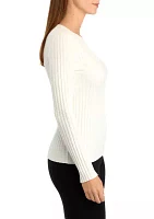 Women's Crew Neck Ribbed Pullover Sweater with Illusion Stripe Yoke