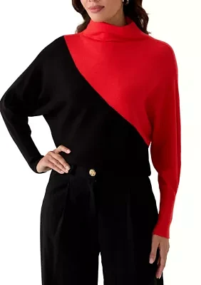 Women's Long Sleeve Mock Neck Color Block Ribbed Sweater