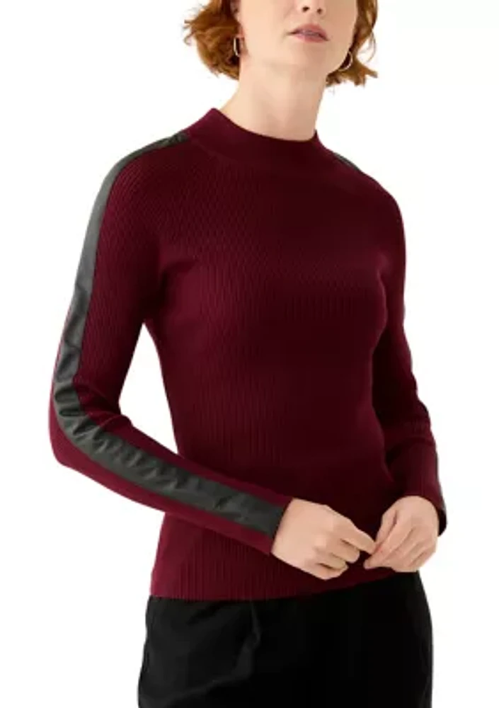 Women's Leather Contrast Sleeve Mock Neck Stripe Pullover Sweater