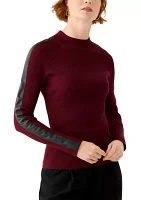 Women's Leather Contrast Sleeve Mock Neck Stripe Pullover Sweater