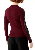 Women's Leather Contrast Sleeve Mock Neck Stripe Pullover Sweater