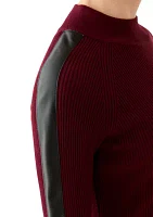 Women's Leather Contrast Sleeve Mock Neck Stripe Pullover Sweater