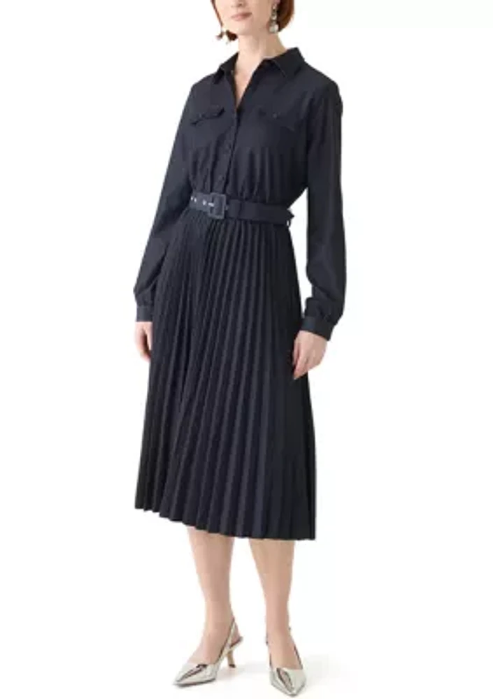 Women's Long Sleeve Pleated Midi Dress with Belt