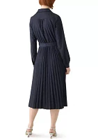 Women's Long Sleeve Pleated Midi Dress with Belt