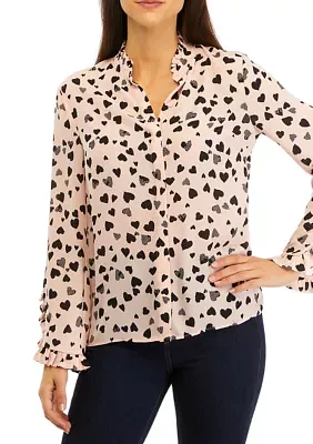 Women's Long Sleeve Ruffle Heart Print Blouse