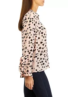 Women's Long Sleeve Ruffle Heart Print Blouse