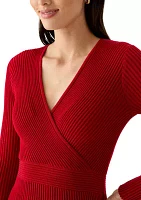 Women's Long Sleeve Ribbed Faux Wrap Dress