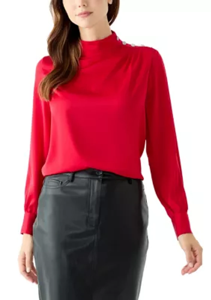 Women's Long Blouson Sleeve Mock Neck Top