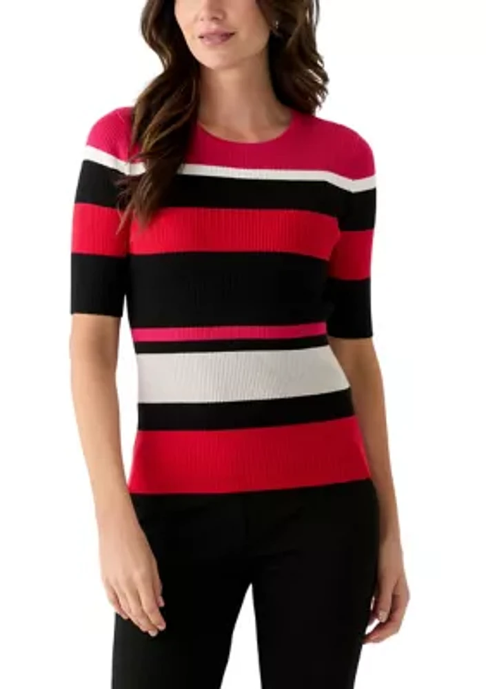 Women's Elbow Sleeve Crew Neck Ribbed Stripe Sweater