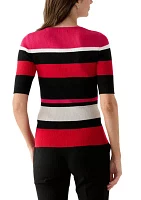 Women's Elbow Sleeve Crew Neck Ribbed Stripe Sweater