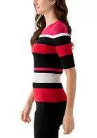 Women's Elbow Sleeve Crew Neck Ribbed Stripe Sweater