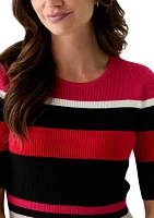 Women's Elbow Sleeve Crew Neck Ribbed Stripe Sweater