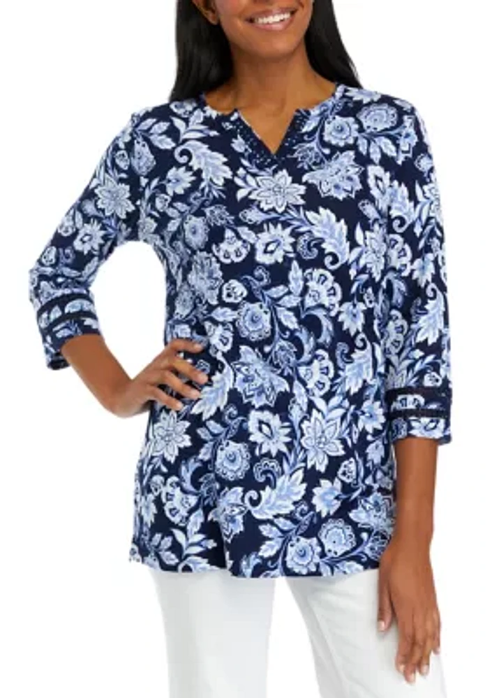 Women's 3/4 Sleeve Crochet Trim Printed Tunic Top