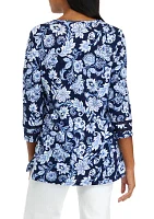 Women's 3/4 Sleeve Crochet Trim Printed Tunic Top