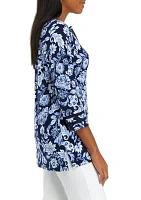 Women's 3/4 Sleeve Crochet Trim Printed Tunic Top