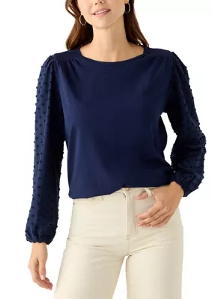 Women's Long Puff Sleeve Texture Knit Solid Sweater