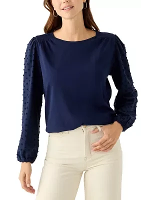 Women's Long Puff Sleeve Texture Knit Solid Sweater