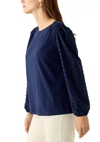 Women's Long Puff Sleeve Texture Knit Solid Sweater