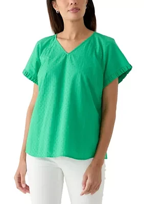 Women's Short Sleeve Ruffle Trim V-Neck Top