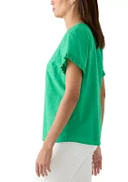 Women's Short Sleeve Ruffle Trim V-Neck Top