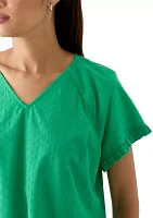 Women's Short Sleeve Ruffle Trim V-Neck Top