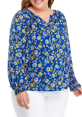 Plus Printed Smocked Shoulder Top