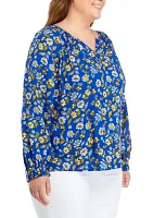 Plus Printed Smocked Shoulder Top