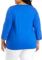 Plus Serenity 3/4 Sleeve Ladder Trim Split Neck Top