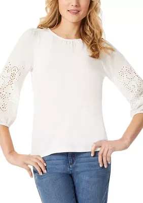 Petite 3/4 Woven Embroidered Sleeve T-Shirt with Shirred Neck