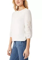 Petite 3/4 Woven Embroidered Sleeve T-Shirt with Shirred Neck