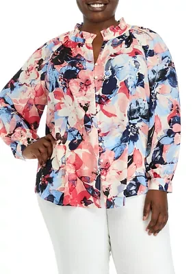 Plus Long Sleeve Peasant Blouse with Ruffle Neck