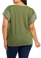 Plus Flutter Sleeve T-Shirt with Pearl Stitching