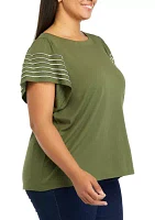 Plus Flutter Sleeve T-Shirt with Pearl Stitching