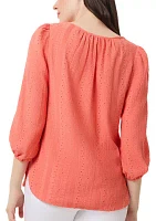 Women's Eyelet Tie Neck Blouson Sleeve Tunic Top with Tassels