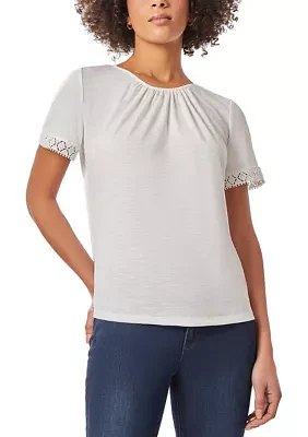 Women's Drapey Slub Lace Trim Flounce Sleeve T-Shirt