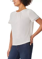 Women's Drapey Slub Lace Trim Flounce Sleeve T-Shirt