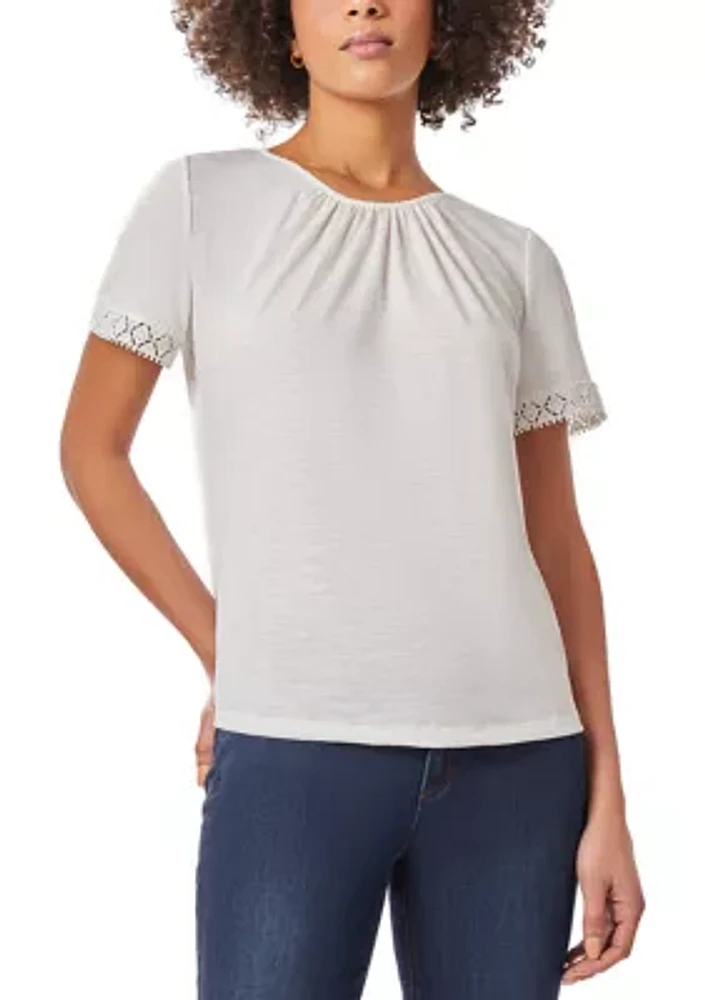 Petite Drapey Slub Lace Trim Flounce Sleeve T-Shirt