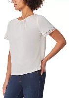 Petite Drapey Slub Lace Trim Flounce Sleeve T-Shirt