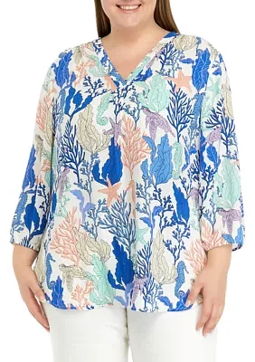 Plus 3/4 Sleeve V-Neck Pleat Front Printed Tunic Top