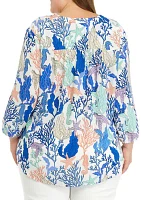 Plus 3/4 Sleeve V-Neck Pleat Front Printed Tunic Top