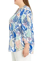 Plus 3/4 Sleeve V-Neck Pleat Front Printed Tunic Top